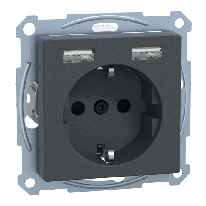 Зарядний пристрій USB + розетка, Merten, Розетка Schuko з 2 USB 2, чорний (ral 7024), Schneider Electric, [MTN2366-0414]