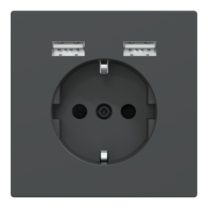 Зарядний пристрій USB + розетка, Merten, Розетка Schuko з 2 USB 2, чорний (ral 7024), Schneider Electric, [MTN2366-6034]