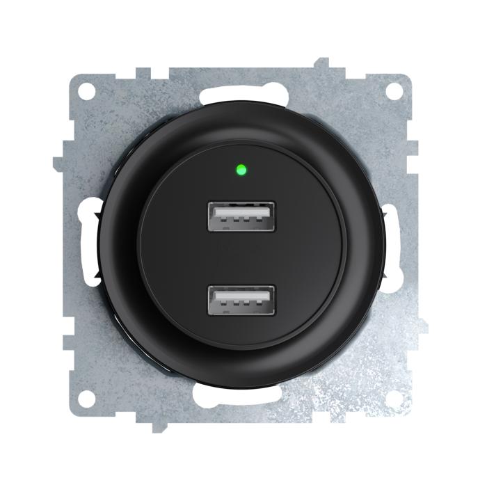 Розетка USB подвійна 5В, 2,1 А, з LED індикатором зарядки, чорна ONEKEYELECTRO [OKE100604]