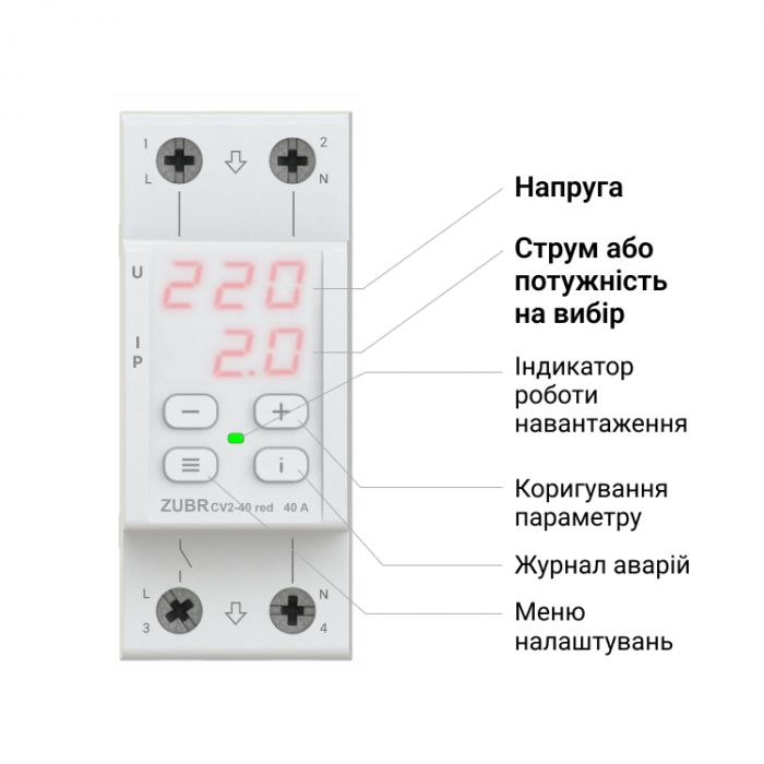 Реле напруги з контролем струму ZUBR CV2-50 red